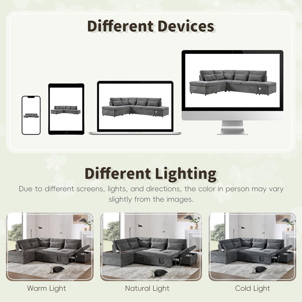 107'' L Shape Modular Sectional Pull-Out Sofa with Wide Seats & Movement Storage Ottoman & USB & Adjustable Armrests