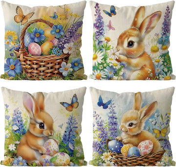 Easter Pillow Covers 18x18 Inch Bunny Eggs Throw Pillow Covers Easter Floral Butterfly Decorative Pillowcase - Set of 4