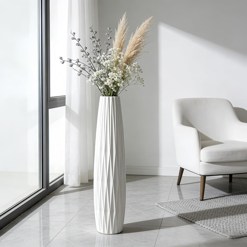 White Tall Ceramic Floor Vase, 35.4 Inch, Ribbed Design, Large Decor | Glossy Glazed Finish, Spacious Rooms