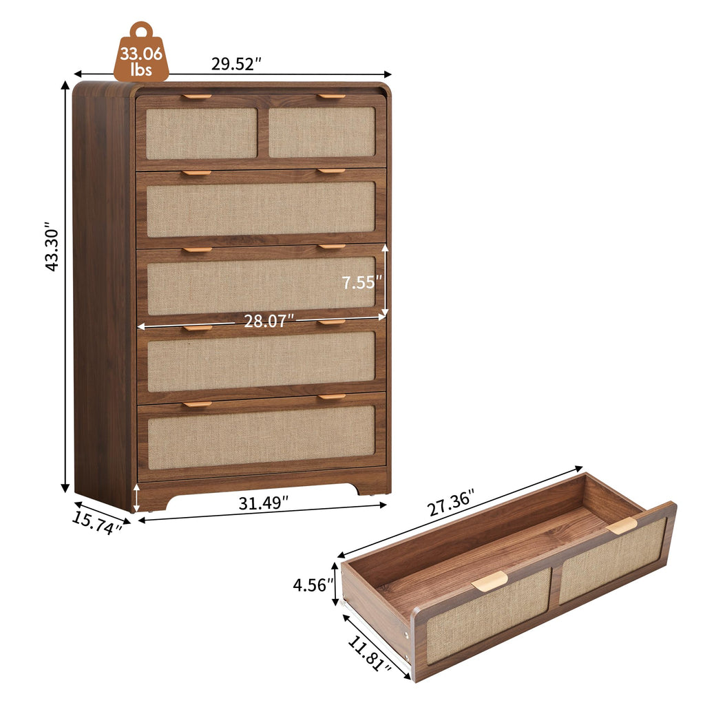 43" Tall 5 Drawer Dresser, Modern Wood Dresser, Walnut
