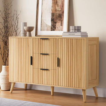 47" Fluted Sideboard Buffet Cabinet with 3 Drawers & 2 Doors - Modern Credenza with Tapered Legs, Natural Wood