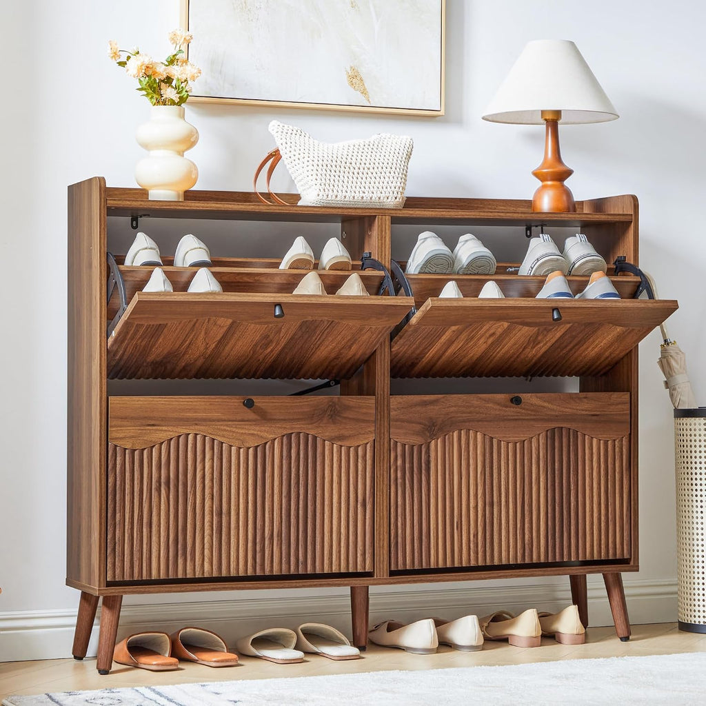 47.2" Shoe Storage Cabinet with 4 Flip Drawers, Narrow Shoe Organizer with Wave&Fluted Panel, Freestanding Wood
