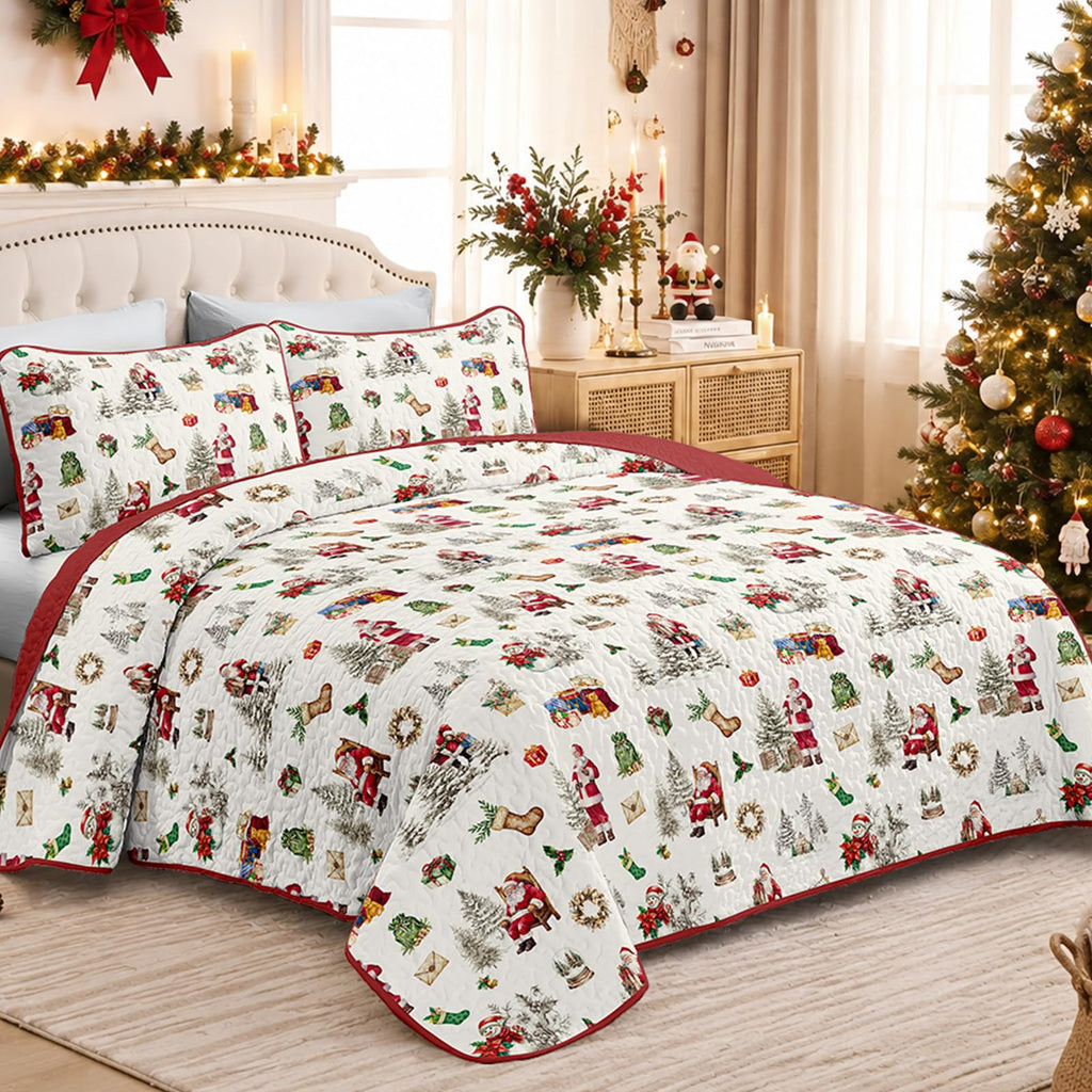 Christmas King Quilt Set, Red Xmas Holiday Bedding
