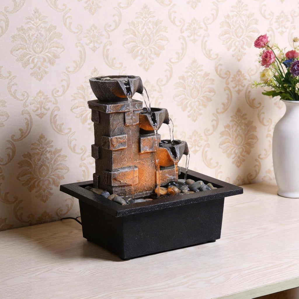 Home Décor Imitation 3-Tier Stone Wall Tabletop Fountain Many Natural River Rock Office Relaxing Desktop Zen