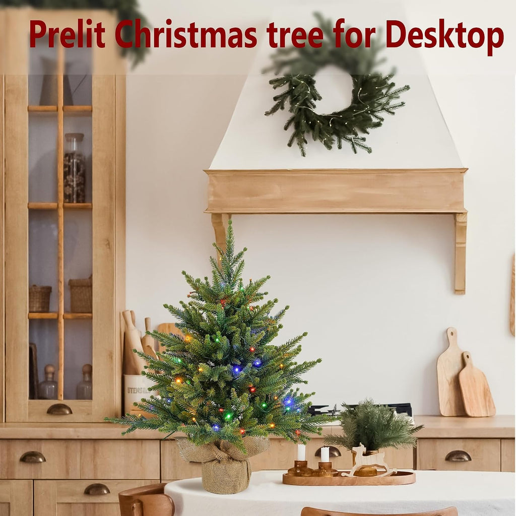 Prelighted Mini Christmas Tree 2 Ft with 70 LED Warm & Multi-Color Light, Artificial Small Xmas Tree 24 inch Tabletop