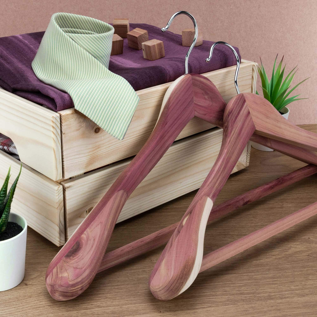 5 Cedar Wood 17.7inch Suit Hangers with Broad Shoulders and Non-Slip Ridged Trouser Bar