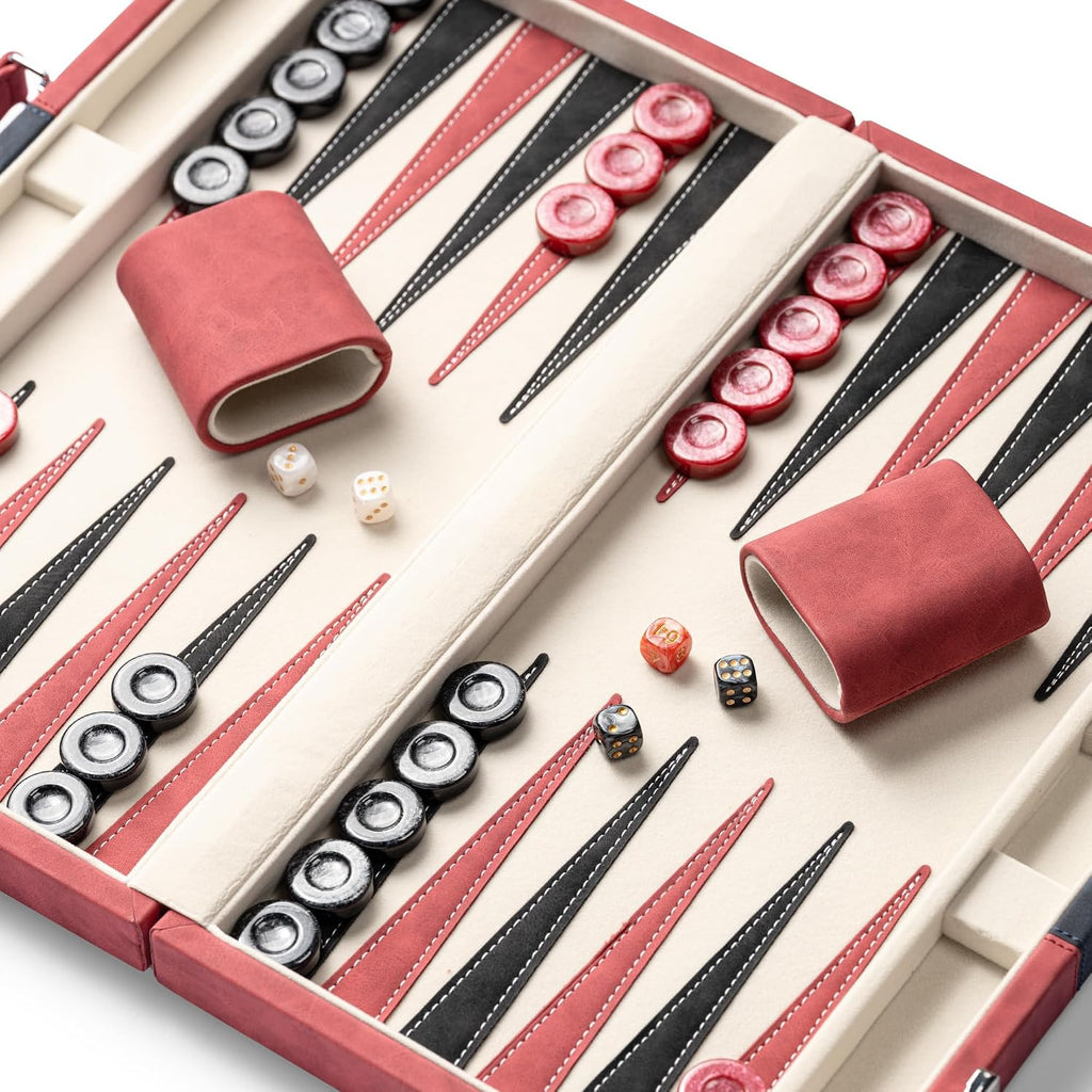 15inch Backgammon Sets for Adults, Classic Backgammon Board with Unique Checkers Dice, Faux Leather Exterior