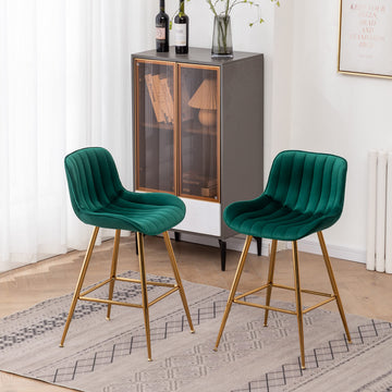 Counter Height Bar Stools Set of 2, Modern Velvet Barstools with Back, 24 inch Seat Height Comfortable Island Stools