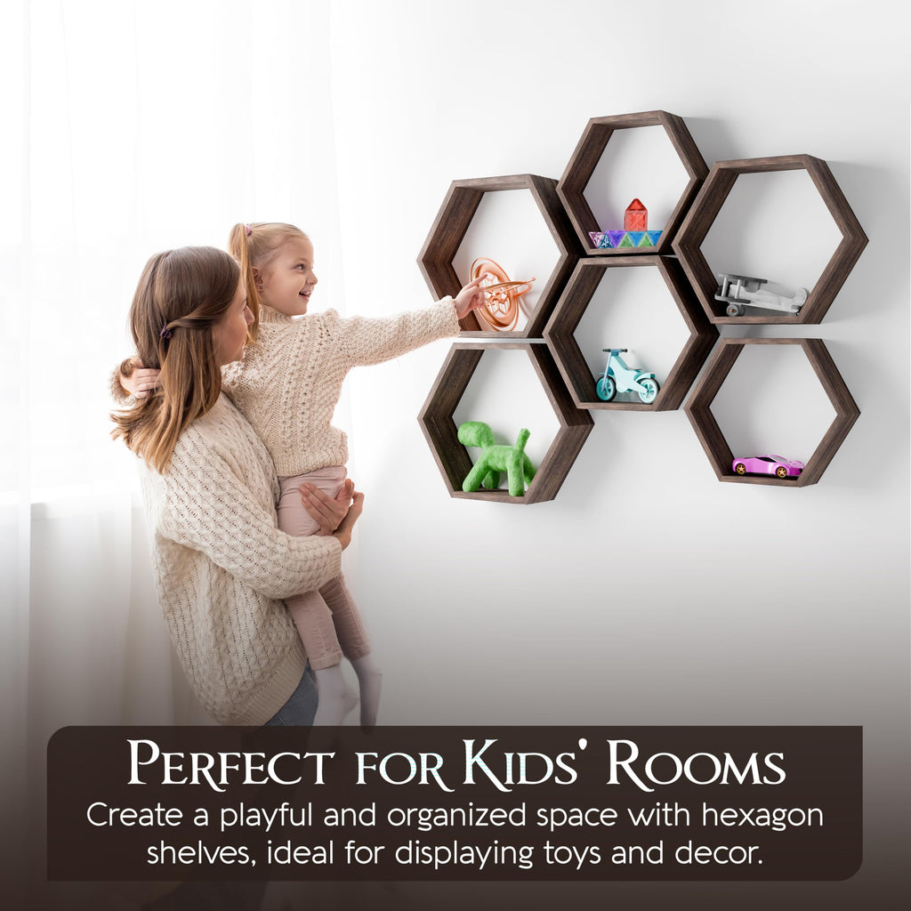 Hexagon Floating Shelves Set of 6 Honeycomb Shelves for Wall, Wooden Hexagon Shelves for Farmhouse Storage.