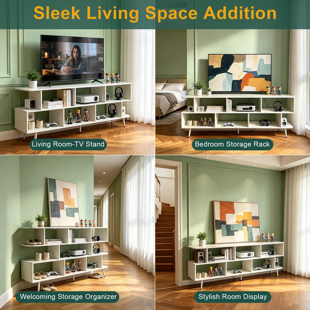65" White TV Stand with Power Outlet for TVs up to 75", Large Entertainment Center with 8 Open Shelves, Media Console