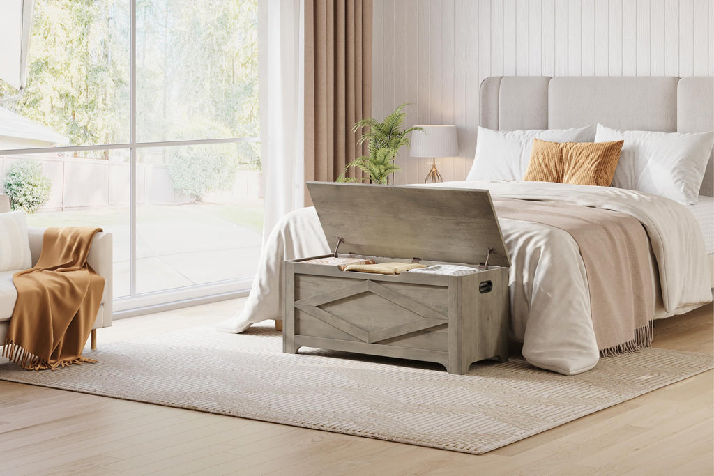 Farmhouse Wooden Storage Chest Bench, Safety Hinges, Spacious Multipurpose Organizer, or Playroom, Easy Assembly