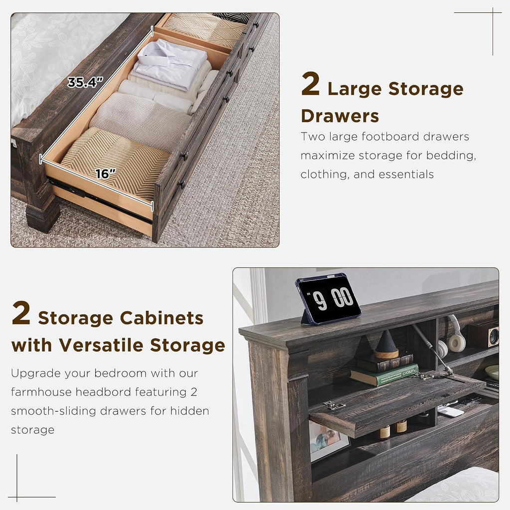 Farmhouse King Bed Frame with 54" Tall Headboard, Headboard with 4 Storage Rack, 2 Drawers, 18" Roman Column