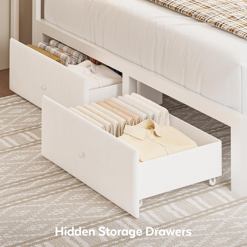 Full Corner Bed Frame with Storage Drawers, Modern Daybed with LED Lights and Charging Station, Metal Platform Bed
