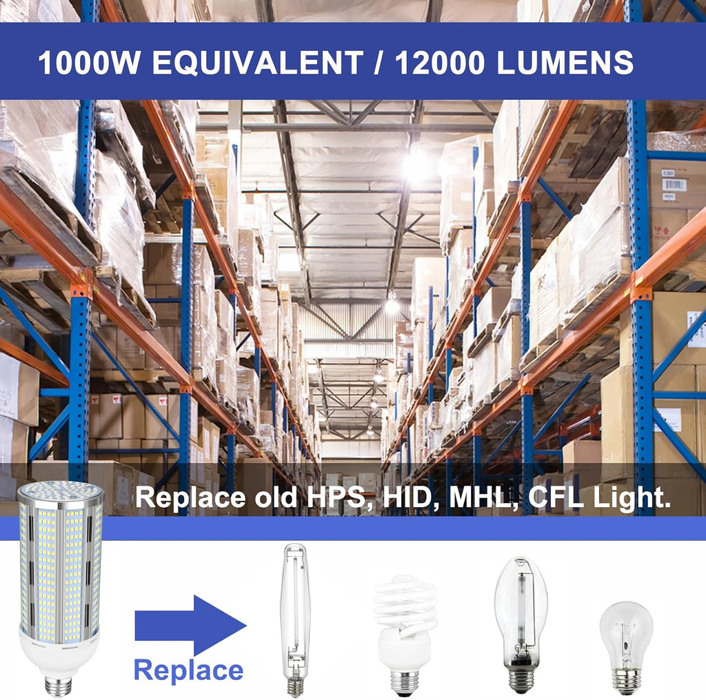 100W LED Corn Bulb 2 Pack, 12000 Lumens Super Bright Light, 5000K Daylight White LED Corn Light Bulb, E26/E39 Mogul