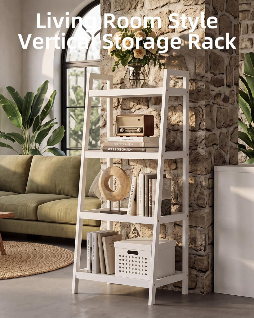 Bamboo Ladder Bookcase, Bathroom Storage Rack Organizer, 4 Tier and 5 Tier Freestanding Plant Display Stand Space