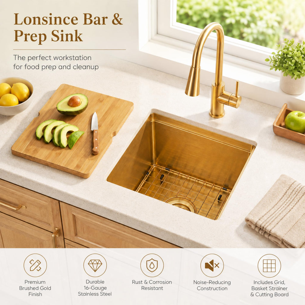Gold Bar Sink Undermount, 18 inch Bar & Prep Sink with Workstation