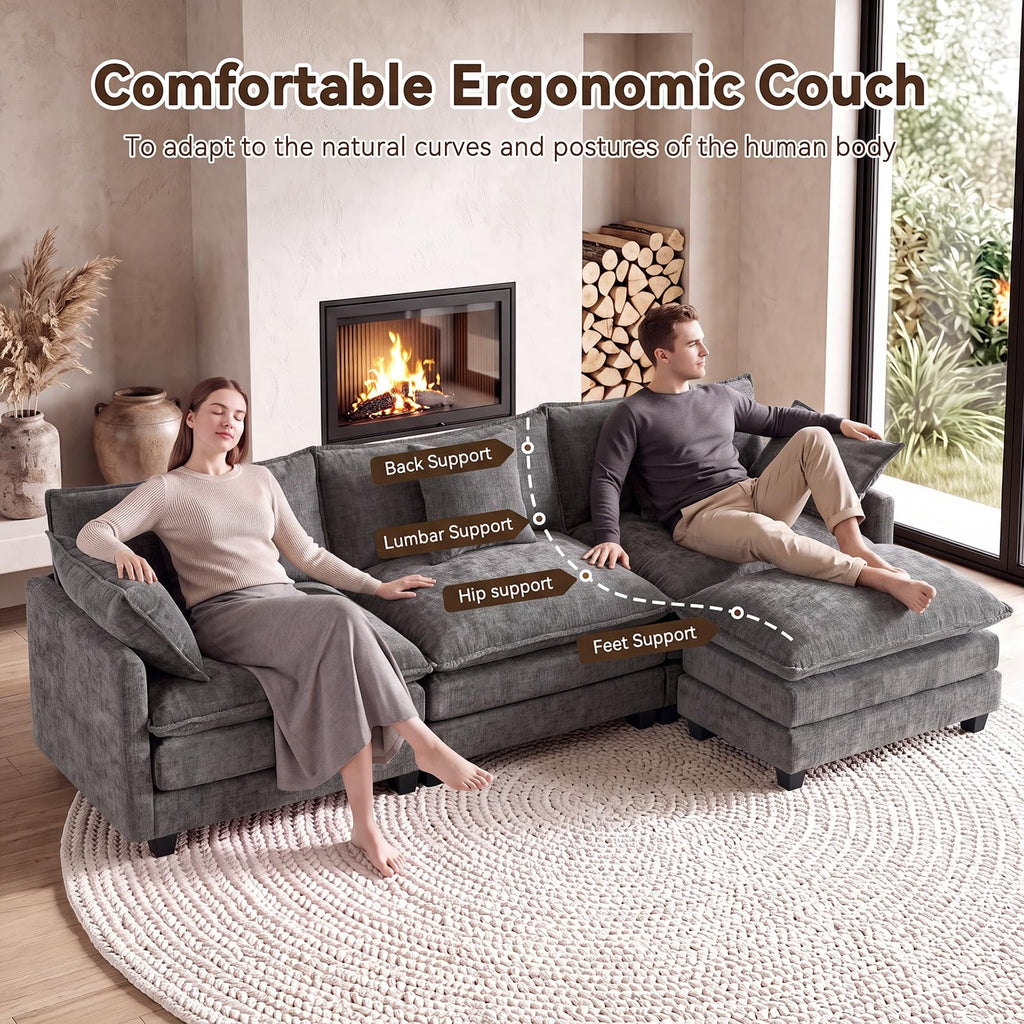 111.4" L‐Shaped Cloud Sectional Sofa Couch, Reversible Chaise, Grey