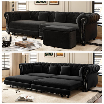 89" King Size Sleeper Sofa Bed, 3-in-1 Convertible Pull Out Chesterfield Sleeper Couch with Ottoman, Oversized Velvet