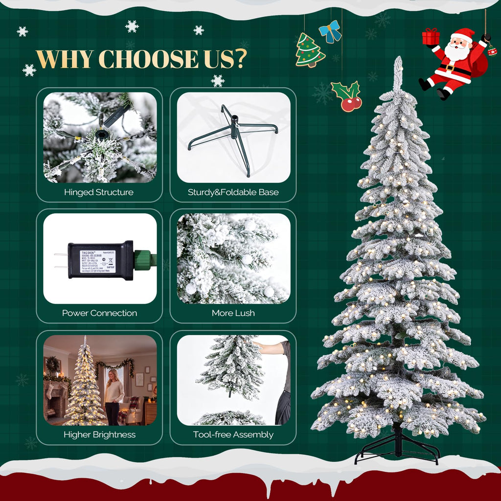 7.5ft Pre-Lit Flocked Slim Artificial Christmas Tree, 450 LED Lights