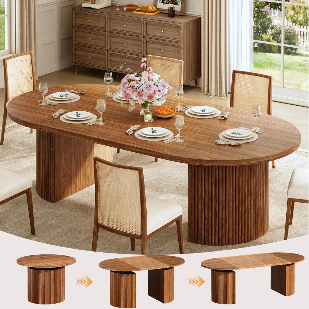 Extendable Round Dining Table for 4-8, 39in-77in Long Large Kitchen Table with Fluted Base, Space Saving Modern