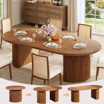 Extendable Round Dining Table for 4-8, 39in-77in Long Large Kitchen Table with Fluted Base, Space Saving Modern