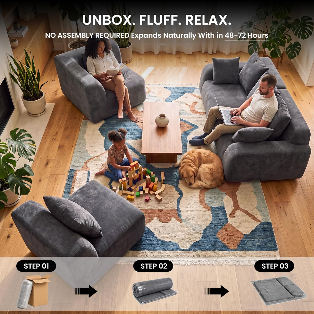 118-Inch Oversized Cloud Sectional, Velvet Boneless L-Shaped Couch with Curved Chaise, Compression Memory Foam
