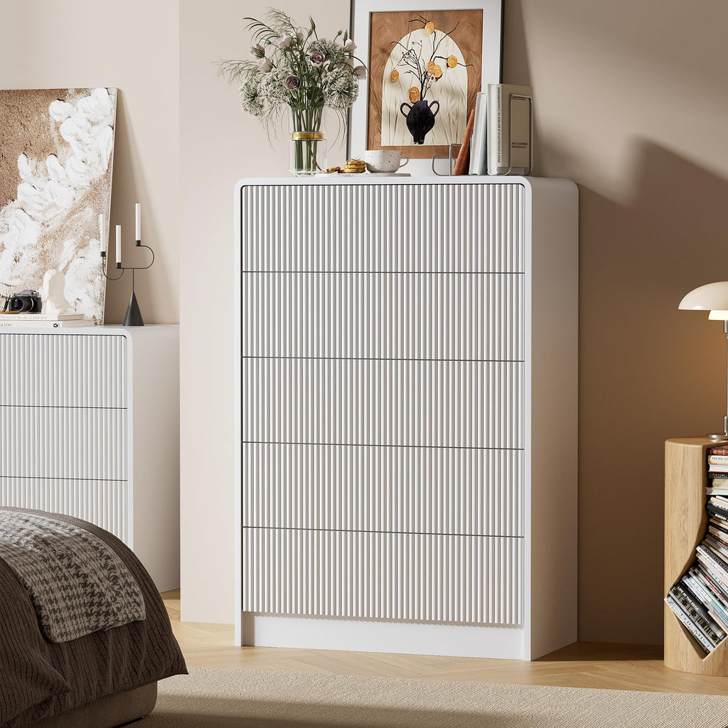 White 5 Drawer, Curved Tall with Push-to-Open Design, Chest of Drawers, 15.7"D x 32"W x 47.2"H
