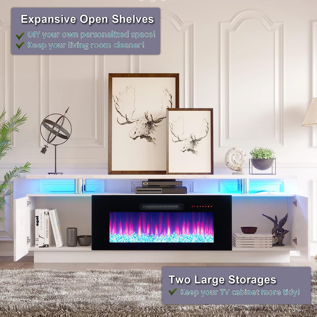 Fireplace TV Stand with 36" Fireplace, 70" Modern Fireplace Entertainment Center LED Lights, 2 Tier TV Console