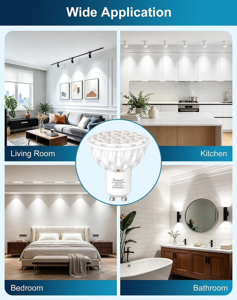 GU10 LED Bulbs 5000K Daylight White 5W 825LM AC100-240V Non-Dimmable 6-Pack