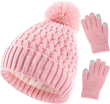 Kids Winter Hat and Gloves Set, Girl Warm Knit Beanie with Pom Fleece Lined for Toddler Boys Girls