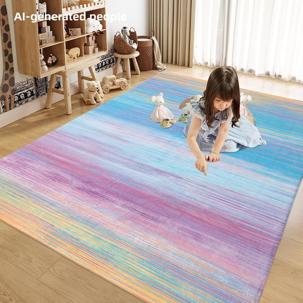 Colorful Rainbow Area Rug 5'x7'(55"x78") Soft Kids Rug Blue Striped Floor Mat Plush Fluffy Washable Carpet Playroom