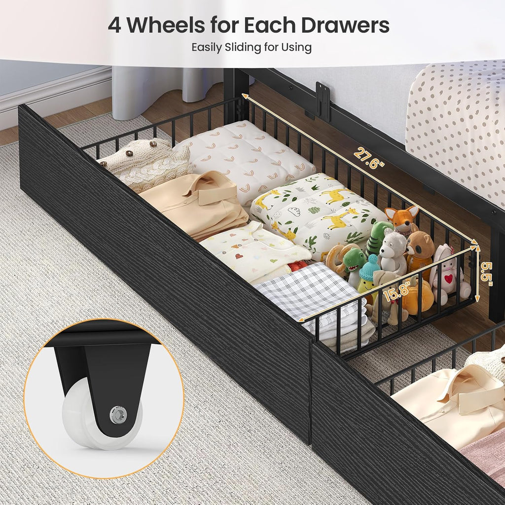 Bunk Bed Full Over Full with Stairs, LED Lights Full Bunk Bed with 2 Storage Drawers & 6 Fabric Drawers