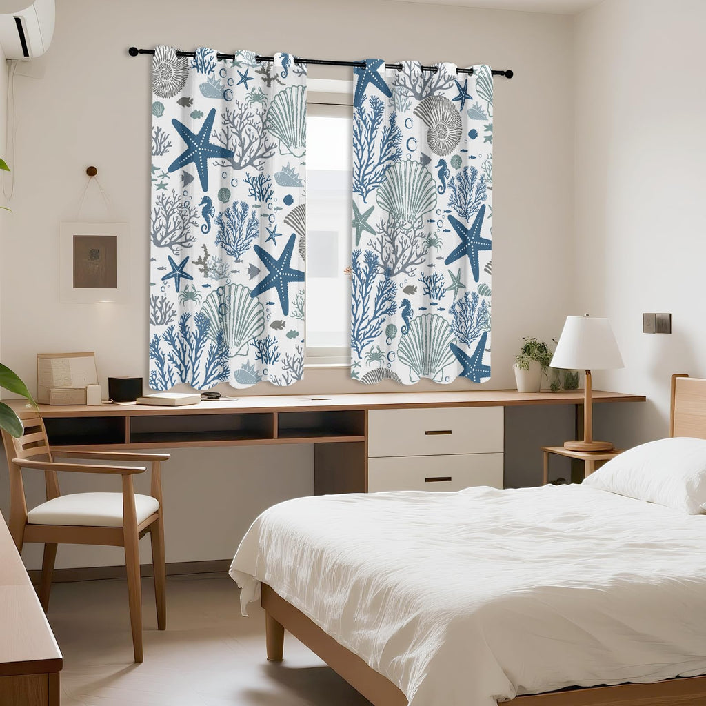Coastal Curtains, Summer Beach Curtains for Windows, Blue Starfish Window Curtain Ocean Shell Nautical Curtain 42 x