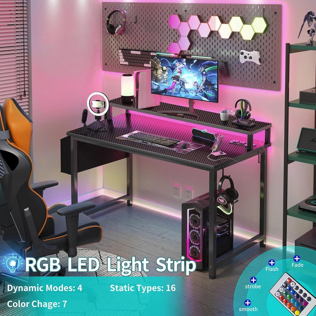 Gaming Desk with Power Outlets and LED Lights, 40 Inch Gamer Desk Table with Charging Station, Home Office Computer