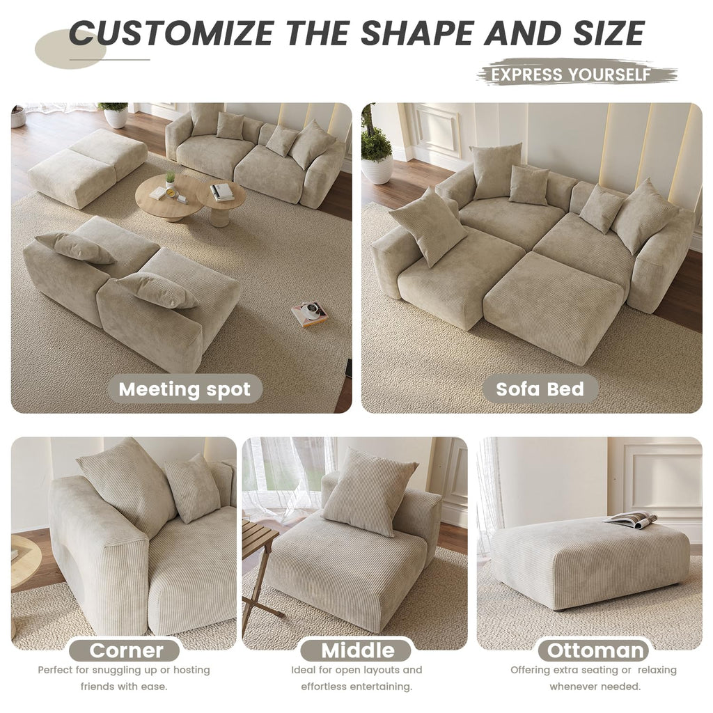 Oversized Modular Sectional Sofa with Ottomans, 5 Seater Corduroy L Shaped Reversible Corner Couch, 181.1" Convertible