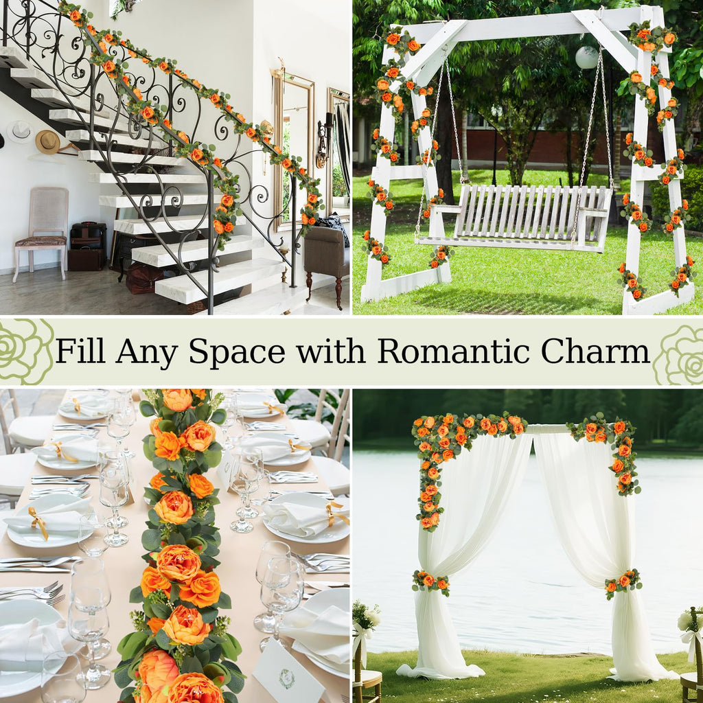 6FT Artificial Eucalyptus Garland with Flowers, Orange Peony, 1pcs