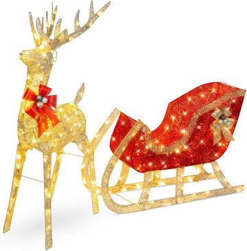 Lighted Christmas 4ft Reindeer & Sleigh Holiday Outdoor Yard Decoration Set w/ 205 LED Lights, Stakes, Zip Ties - Gold