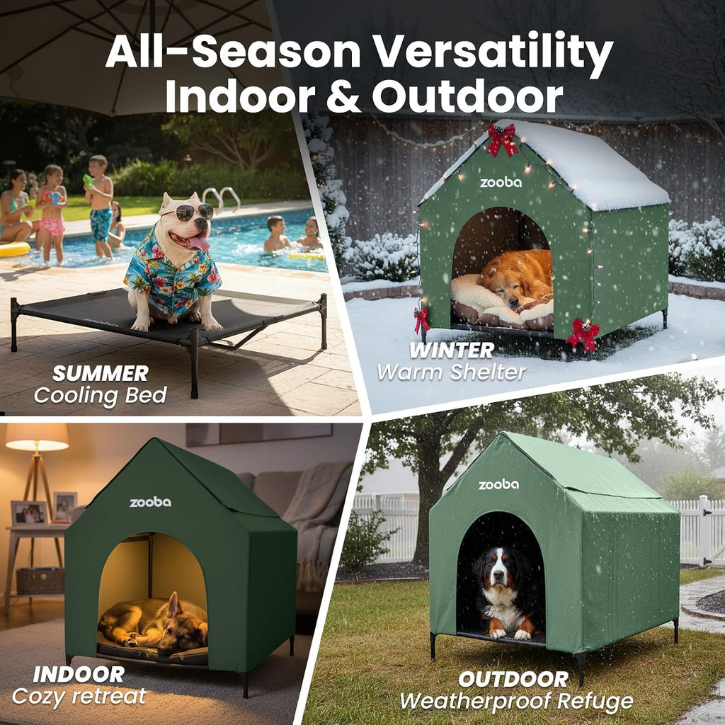 36in Large Dog House Outdoor, Elevated Dog Bed with Canopy, Green