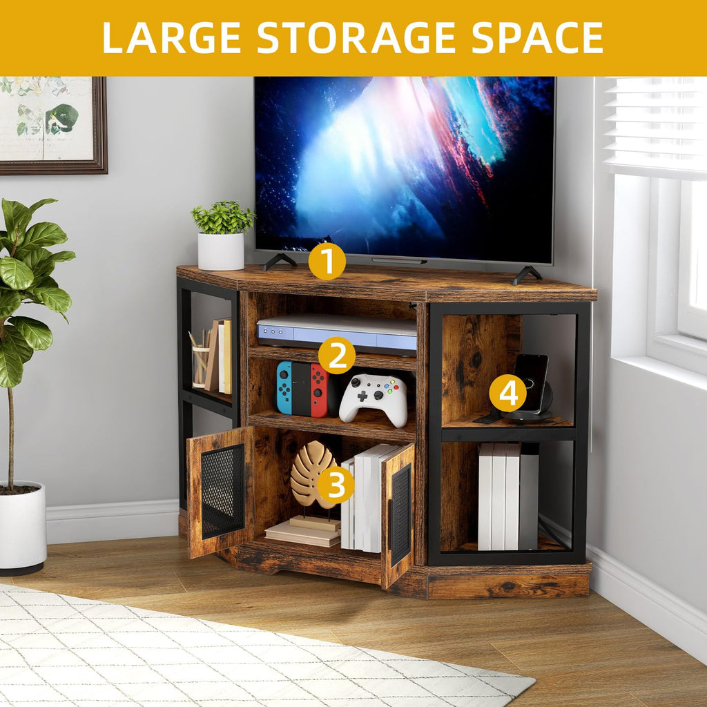 Farmhouse Corner TV Stand with Power Outlet, TV Console, Rustic Brown