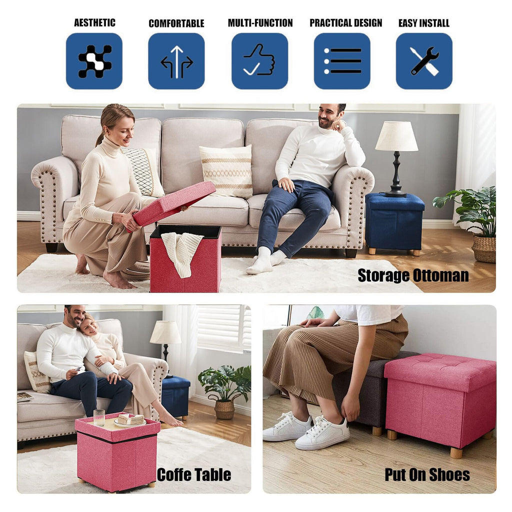 15 Inches Ottoman with Storage, Square Small Storage Ottoman Foot Rest with Legs, Ottomans Foot Stool (Hot Pink)