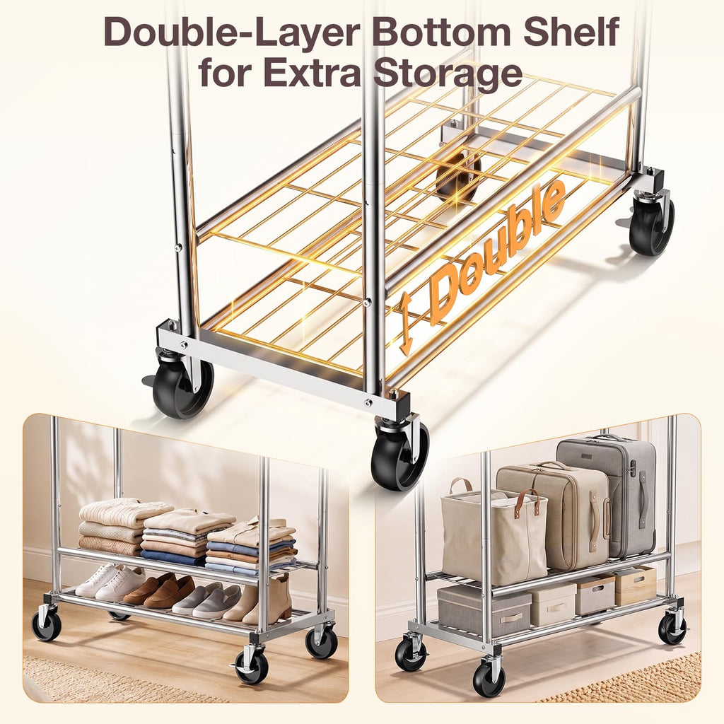 Heavy Duty Clothes Rack Load 960LBS, Adjustable Three Rods Rolling Garment Rack with Double-Layer Bottom Shelf