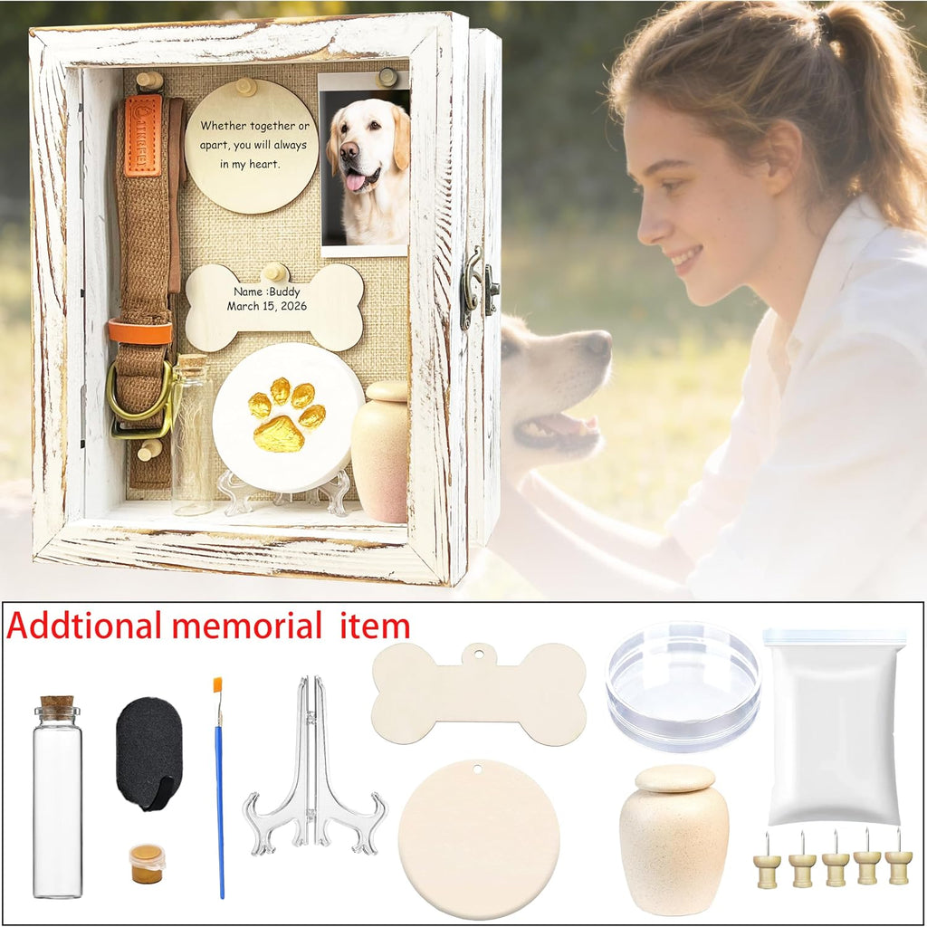 Solid Wood 8x10 Pet Memorial Shadow Box White Urn Ashes Display Case with Paw Print Kit Dog Memorial Keepsake Gift