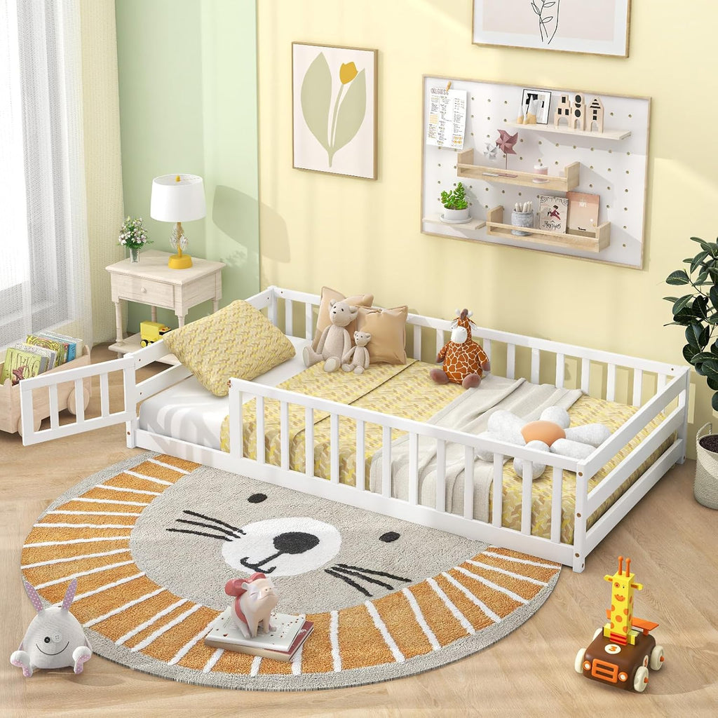 Twin Floor Bed for Kids, Wood Montessori Bed with Safety Guardrails, Floor Bed Frame for Kids, Boys, Girls, No Box