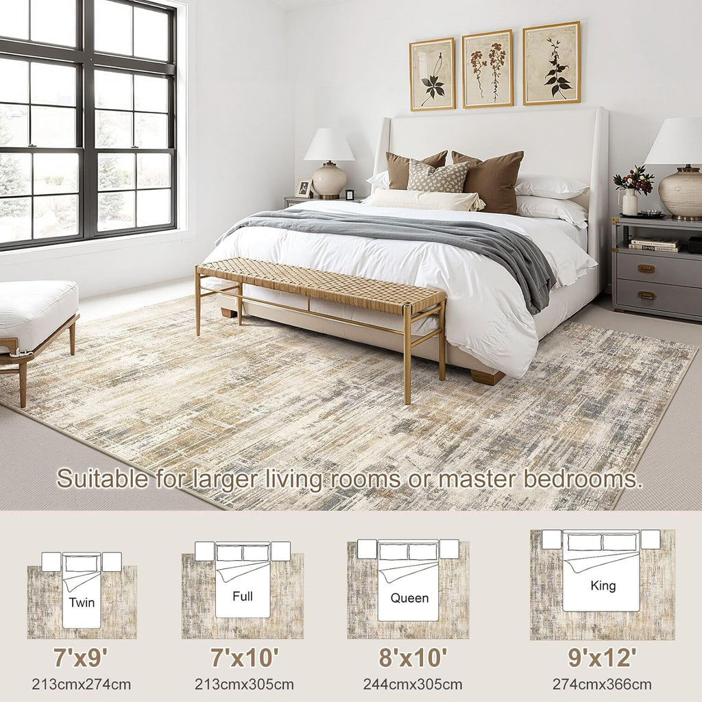 8x10 Washable Area Rug for Living Room: Modern Neutral Abstract Large Soft Low Pile Carpet Non-Slip Pet Kids Friendly