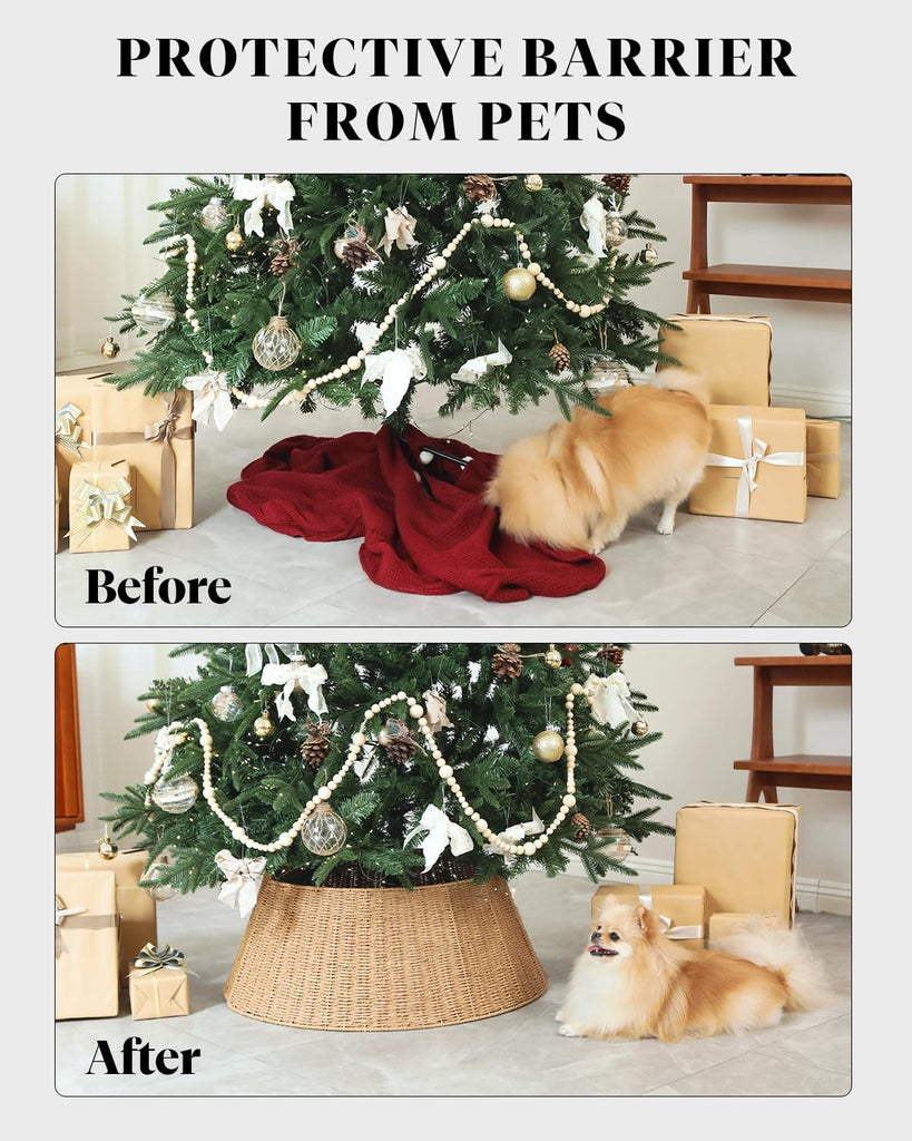 Rustic Farmhouse Christmas Tree Collar - Holiday Decorations - Natural Woven Wicker Tree Base Cover, Basket Ring for