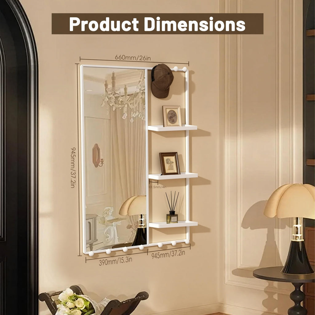 38" X 26" White Wall Mounted Mirror for Wall, Full Length Mirror with Shelf and Hooks, Large Wall Mirror with 3 Trays