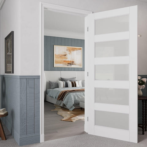 32" x 80" Prehung Door Interior, 5-Panel Tempered Frosted Glass Solid Core Door Slab with Easy Assembly Jamb Kit