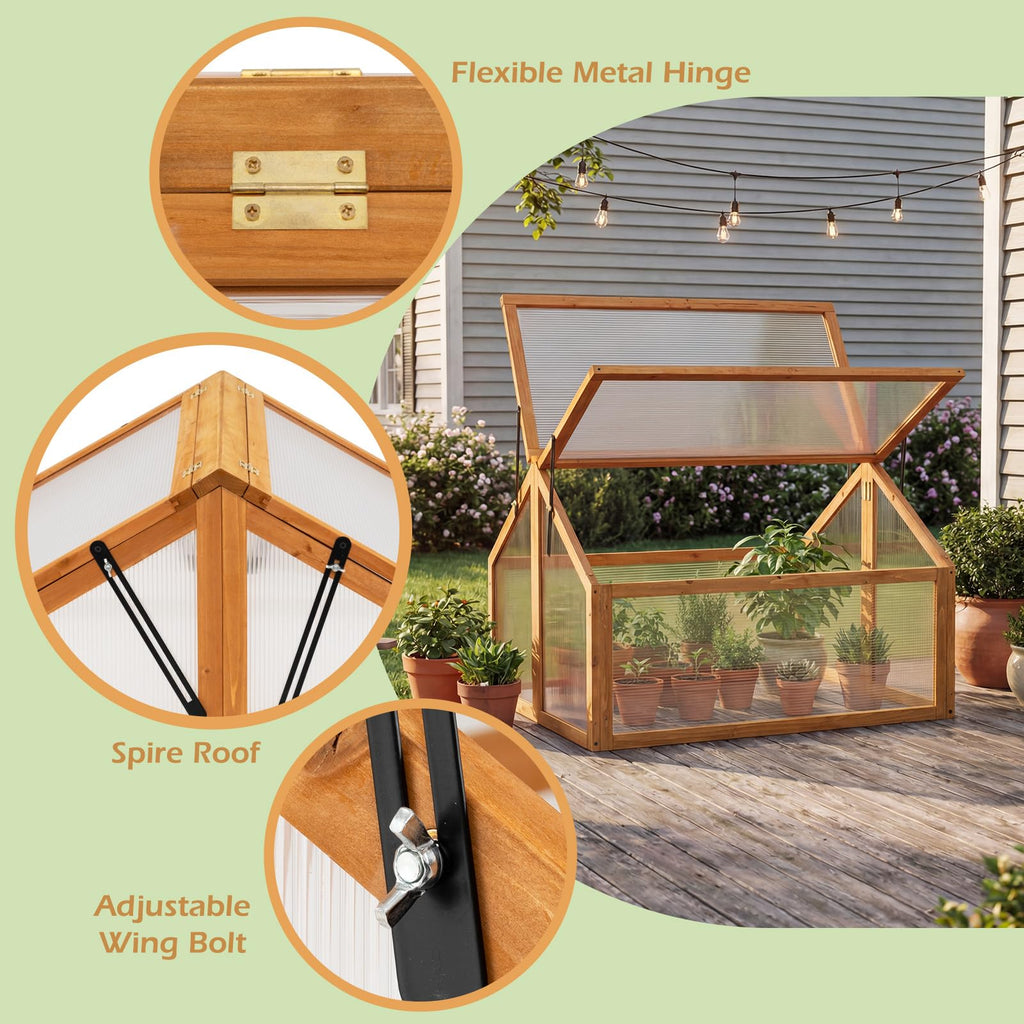 Wood Cold Frame Greenhouse, Portable Raised Flower Planter Protection with Transparent Openable Roof, Small Indoor