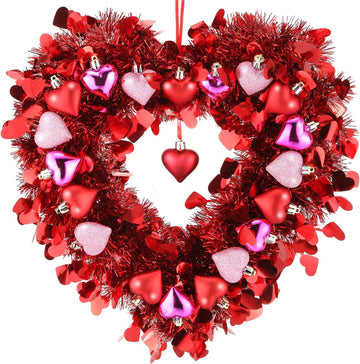 Valentines Wreath for Front Door Valentines Heart Shaped Tinsel Garland Hanging Heart Wreath Decor Birthday Wedding