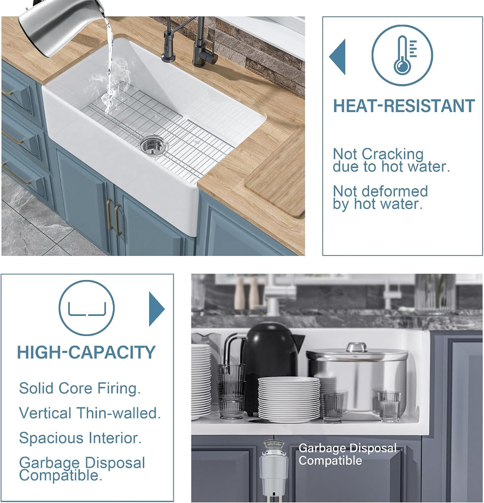 30" x 18" Fireclay Apron Front Farmhouse Sink White | Single bowl farm style, Easy to clean, Resistant to stains